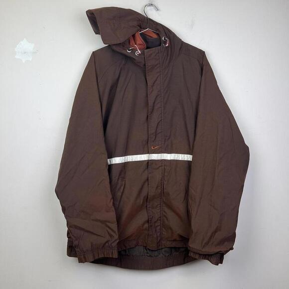 90s Nike Men's Brown Hooded Jacket with Reflective Stripe - Picture 1 of 6